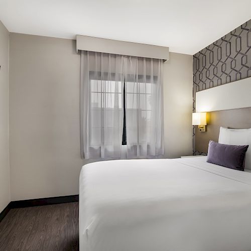 A modern hotel room featuring a large bed with white linens, a patterned accent wall, a window with sheer curtains, a wall-mounted TV, and a bedside lamp.